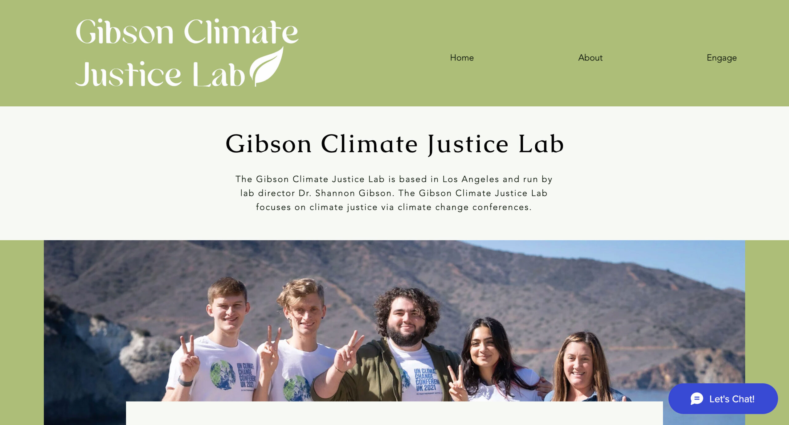 a screen shot of the homepage of the Gibson Climate Justice Lab website, showing bars of light green and a photo of Shannon Gibson with four students