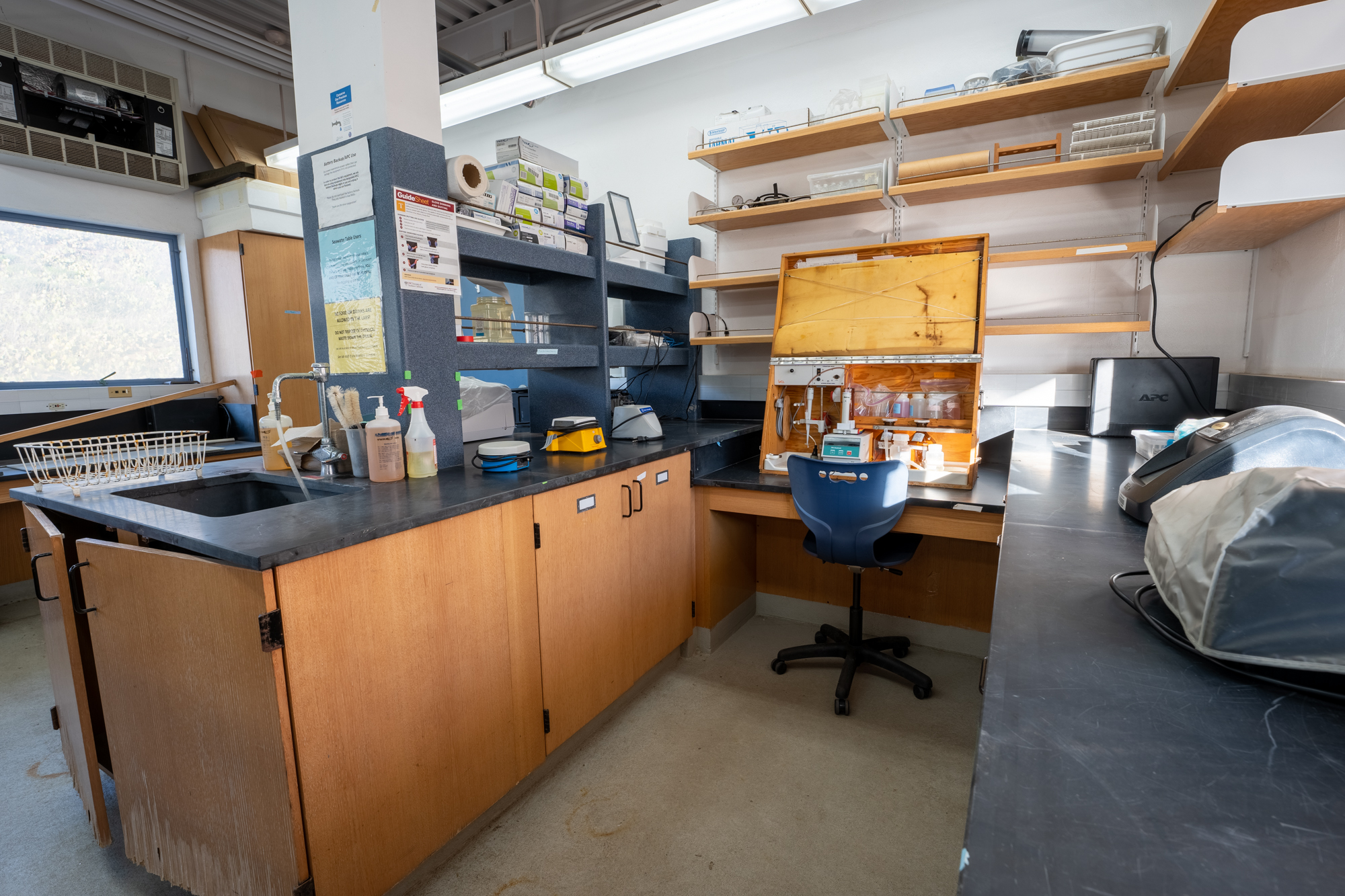 a science lab with cupboards, slate work surfaces, and standard lab equipment