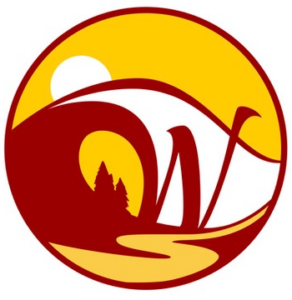 cardinal-and-gold graphic of a sun rising over a wave that flows into a large "W," surrounded by trees and a river