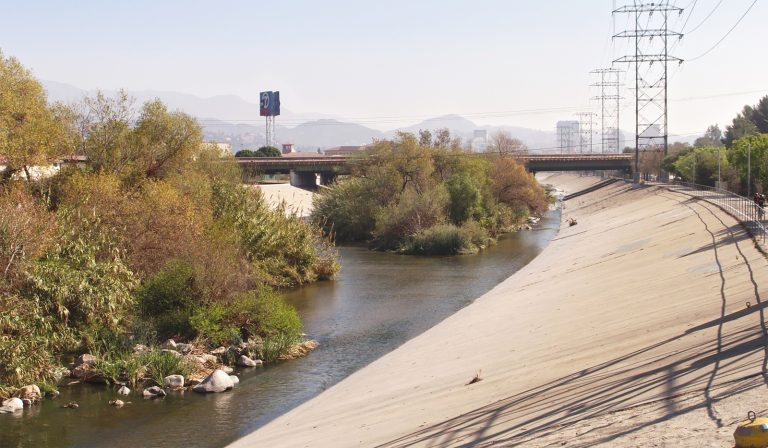 a revitalized stretch of the Los Angeles River, containing trees, bushes, and small rock islands, curves through a concrete channel