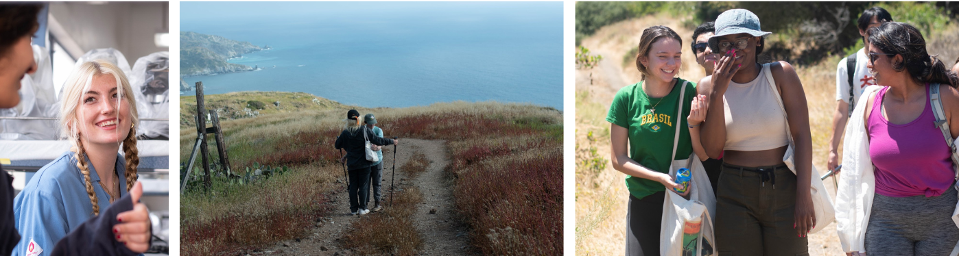 left: person wearing a blue lab coat smiles at another person giving a thumbs-up; middle: two people holding hiking sticks walk on a trail overlooking blue waters, left: a group of people on a hike laughing