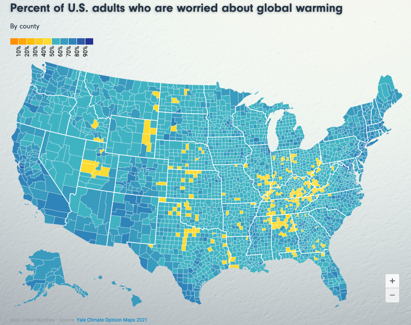 map showing percentage of U.S. adults who are worried about climate change, with almost all counties showing that a large majority of adults are worried