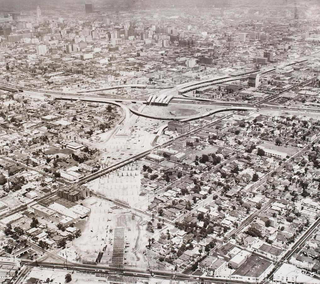 aerial view of downtown Los Angeles in 1961, showing the 10 freeway under construction