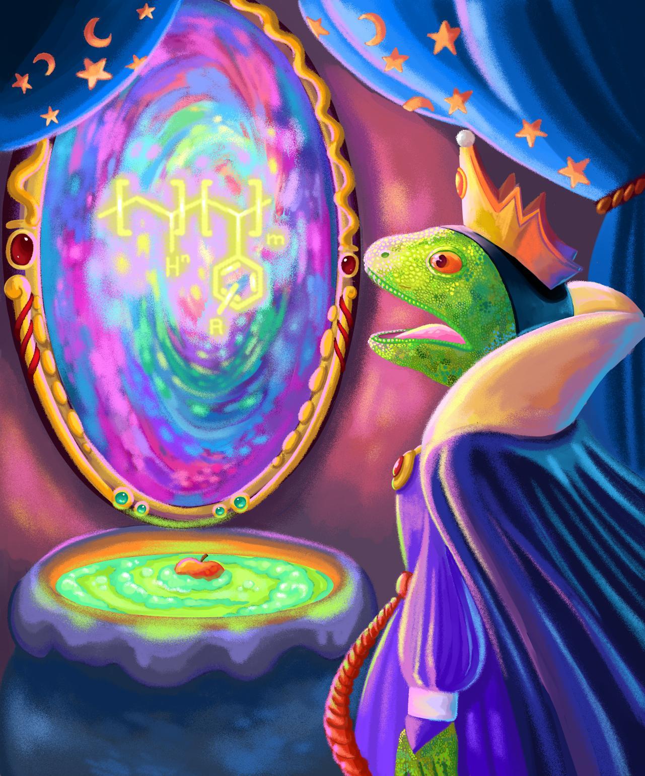 illustration of lizard, wearing a crown and gown, gaping at the sight of a molecular model depicted on a magic mirror behind a bubbly cauldron