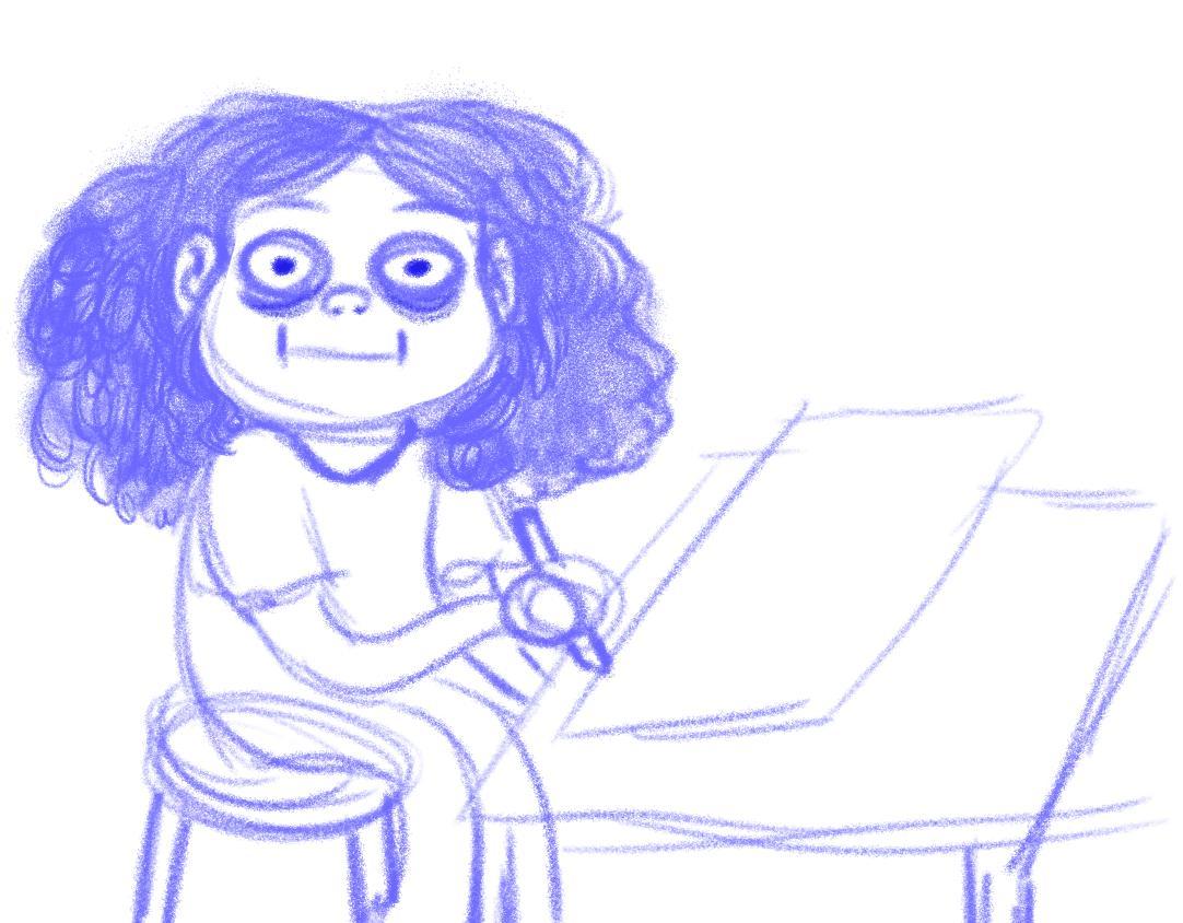 blue sketch of a person with heavy eye bags and messy hair sitting by a desk holding a pencil to paper