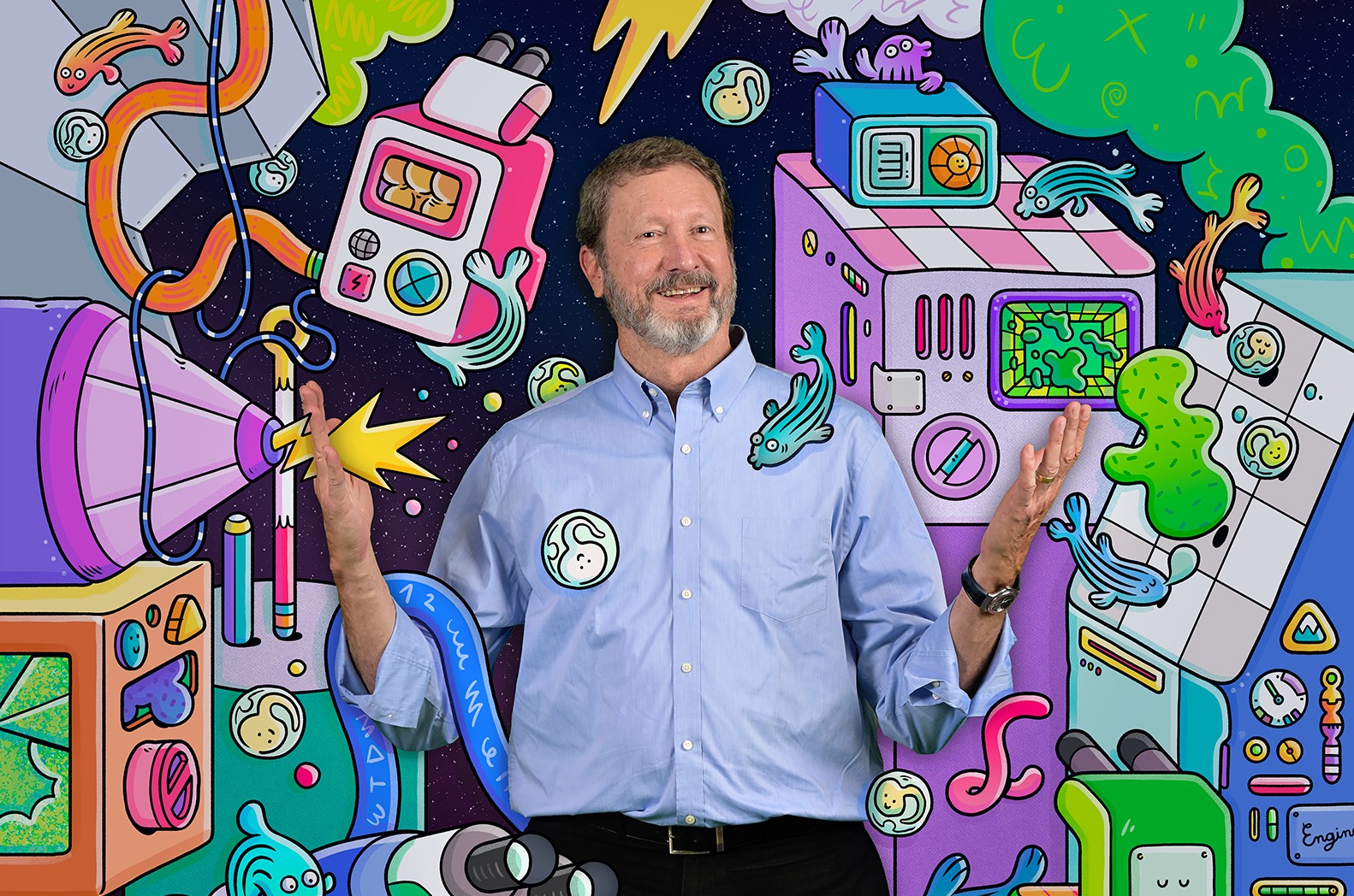 Photo of a person wearing a light blue button down with their arms lifted up, hands hovering by their shoulder, within a colorful illustration of different technologies
