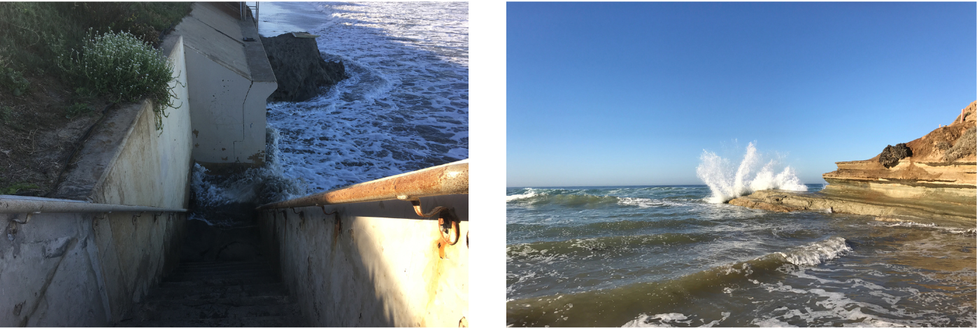 Left: stairway descending to the La Jolla ocean; right: large ocean wave collides with rugged rock formation along Del Mar coast