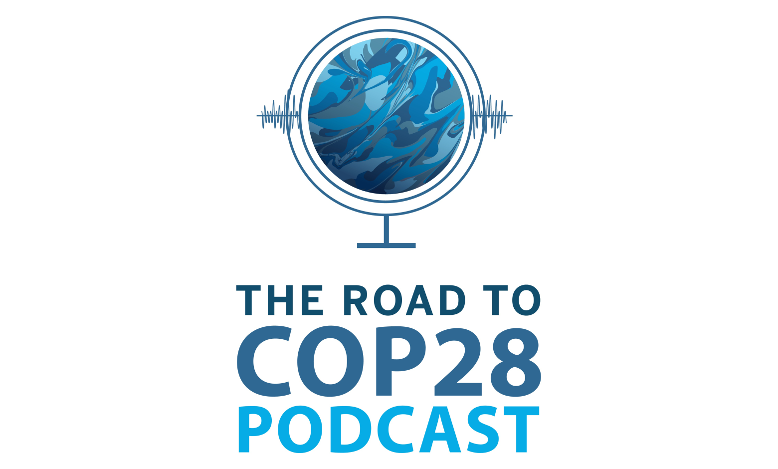 Graphic of an earth inside a podcast mic and the text "The road to COP 28 podcast" below