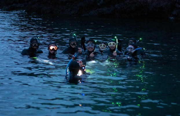 a group of students snorkels at night as green lights appear in the water underneath them