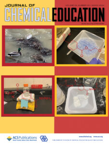 cover art from an issue of the Journal of Chemical Education, showing 4 photos overlaid with graphics: a photo of ducks swimming next to plastic trash, a photo of ground-up light blue plastic in a metal tray, a photo of clumpy white plastic in a plastic tray, and a photo of a clear bottle sitting on a lab scale
