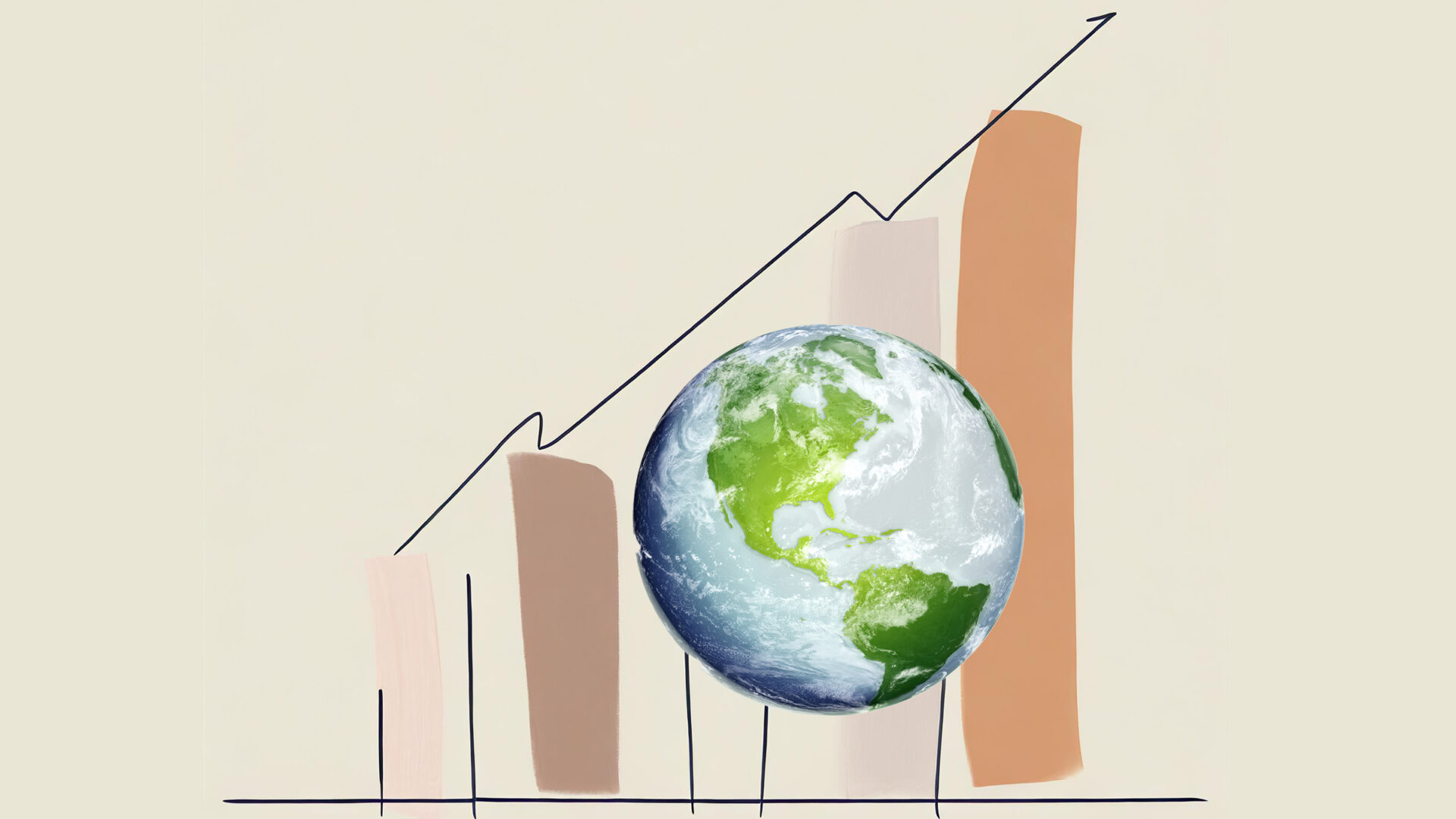 a globe in front of a bar graph that shows an upward trend
