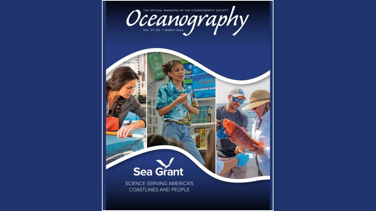 magazine cover of "Oceanography,” the official magazine of The Oceanography Society, depicts individuals in the lab, classroom, and in the field